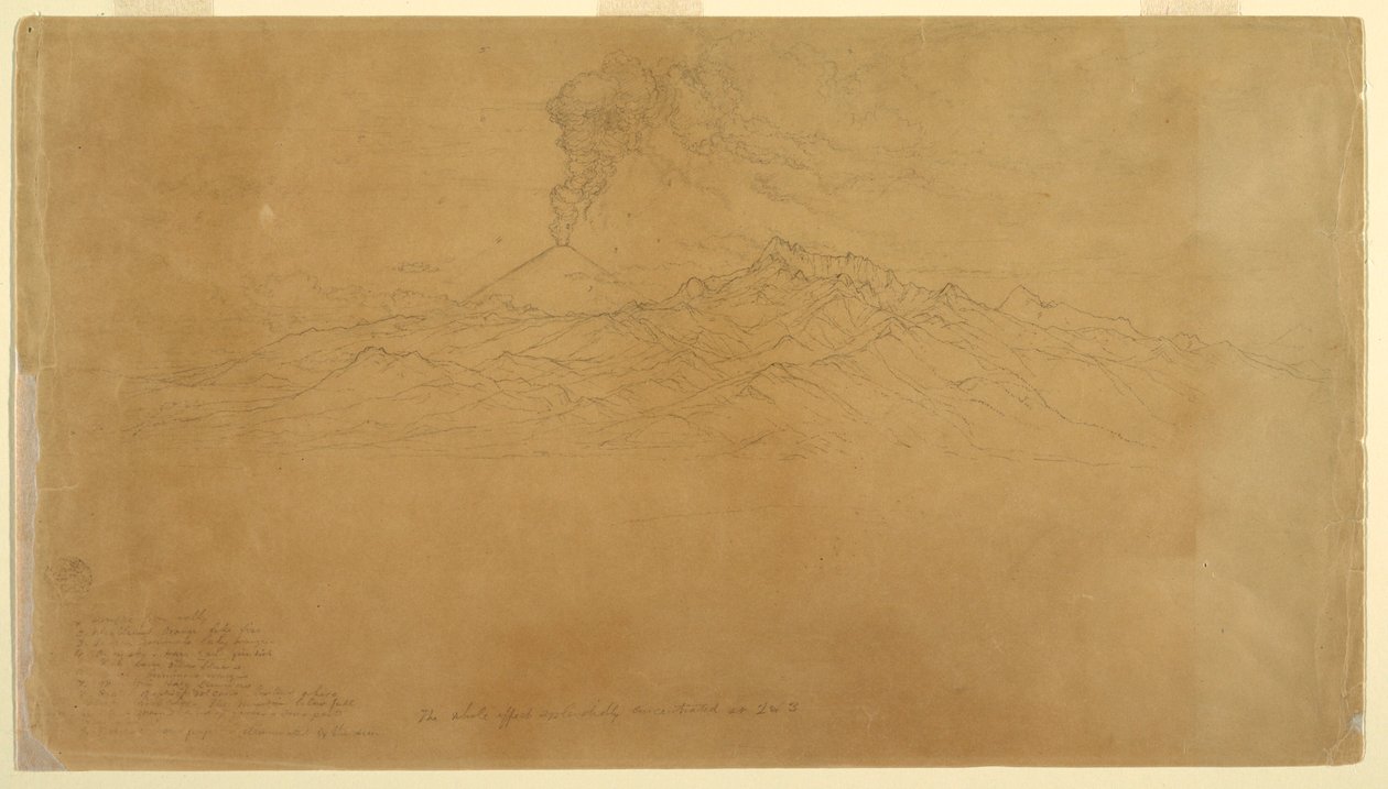 Rajz, Cotapaxi vulkán kitörése a hegyvonulatok mögött, Ecuador, 1857 alkotó: Frederic Edwin Church