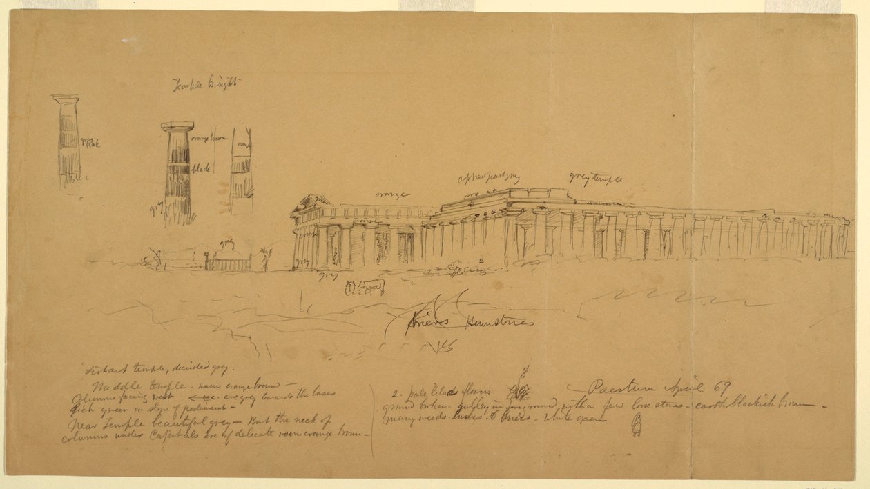 Rajz, Athéné (korábban Ceres), Héra II (korábban Neptun) és Héra I (korábban Basilica) dór görög templomai, Paestum, Salerno, Olaszország, 1869. április. alkotó: Frederic Edwin Church