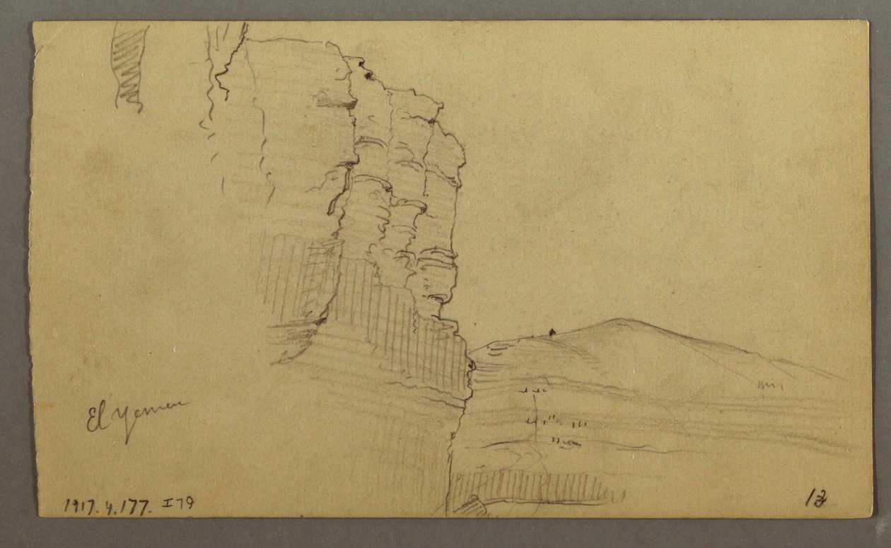 Rajz, El Jemen völgye, Arábia: Sziklafal, a felső rész oszlopsorra hasonlít, 1868. február 20. alkotó: Frederic Edwin Church