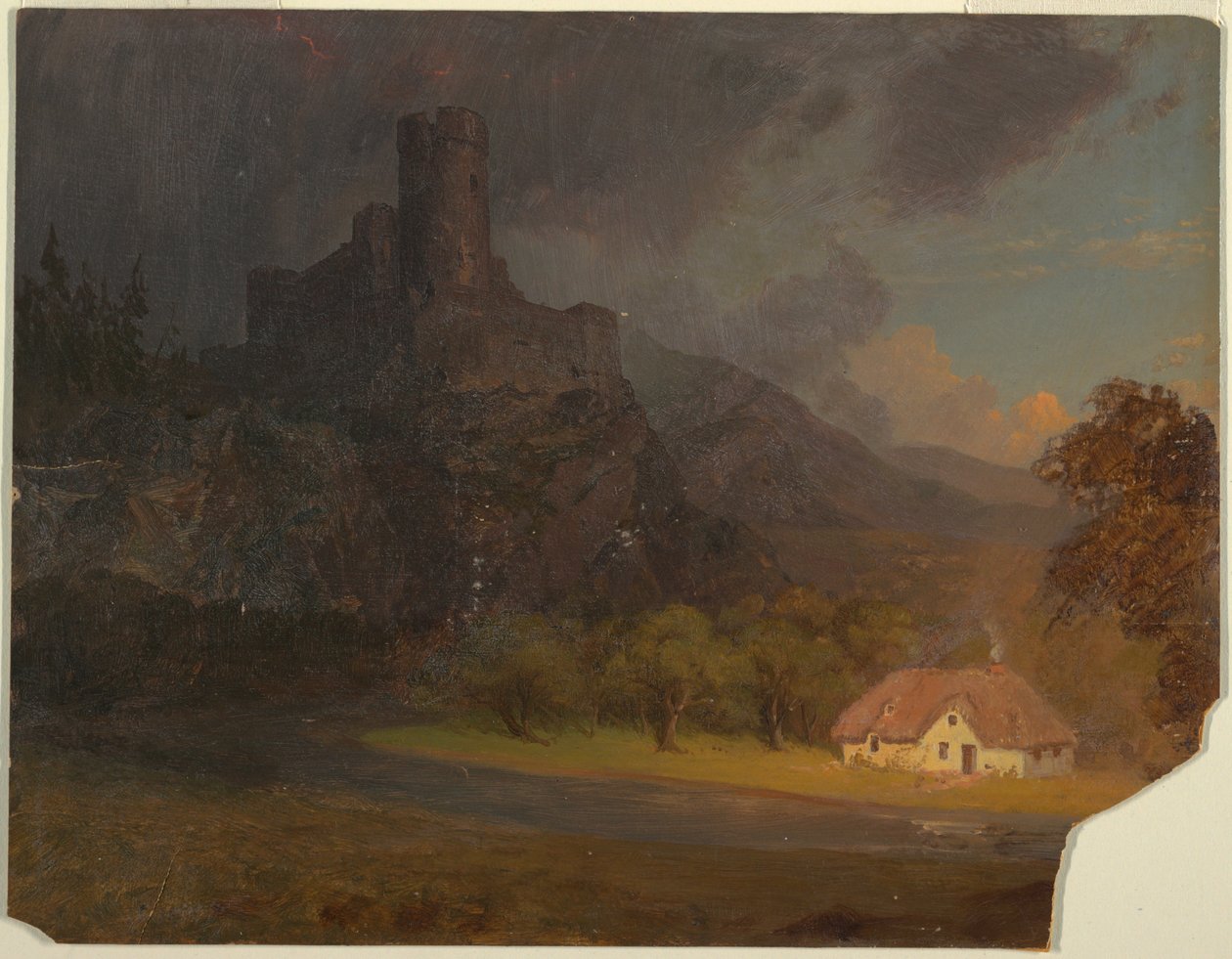 Rajz, Angol kastély és házikó, 1844 körül. alkotó: Frederic Edwin Church