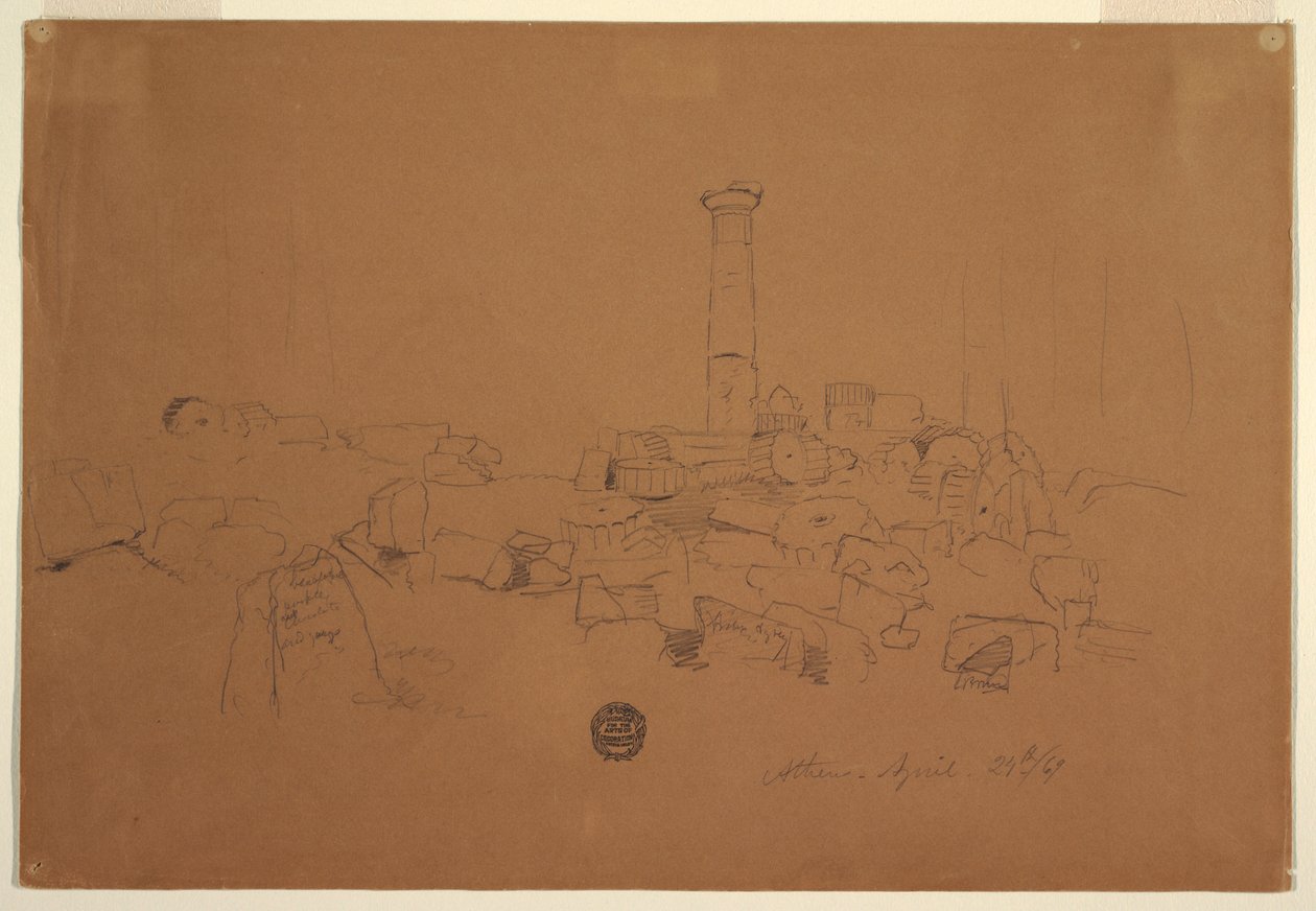 Rajz, Leomlott oszlop, Olimpiai Zeusz temploma, Athén, 1869. április 24. alkotó: Frederic Edwin Church