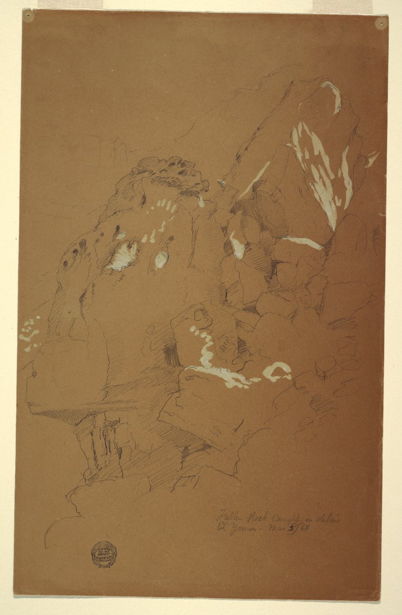 Rajz, Lezuhant szikla a törmelékre akadt, El Jemen, 1868. március 2. alkotó: Frederic Edwin Church