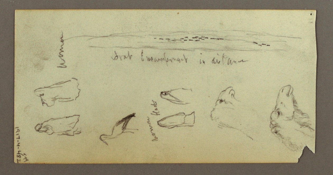 Rajz, Tevelen lovagló, lándzsát tartó alak, két alakos tanulmány, valószínűleg 1868 alkotó: Frederic Edwin Church