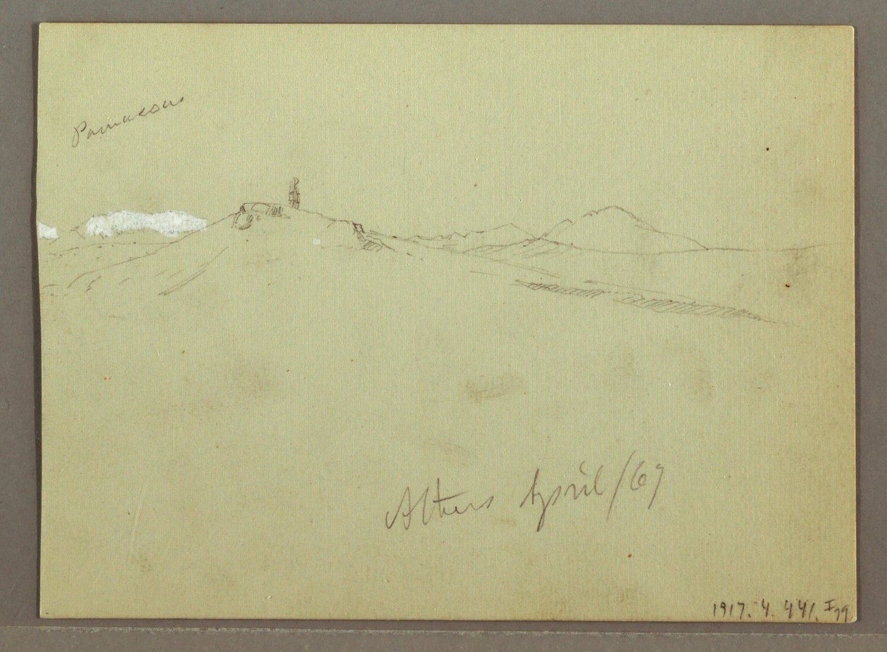 Rajz, Juhnyáj és pásztor, havas hegyvonulatok, 1869. április alkotó: Frederic Edwin Church