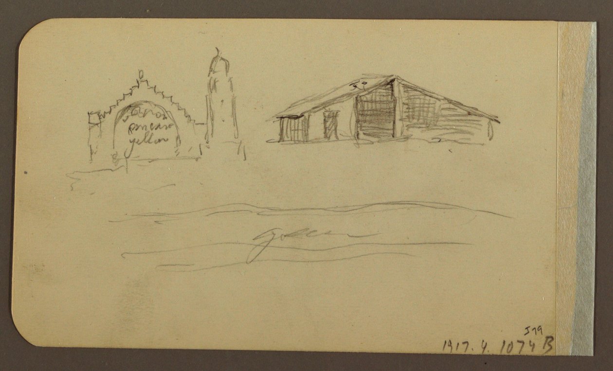 Rajz, kert, ház, Cuautla; hátoldal: templom, pajta, Cuautla, 1885. február alkotó: Frederic Edwin Church