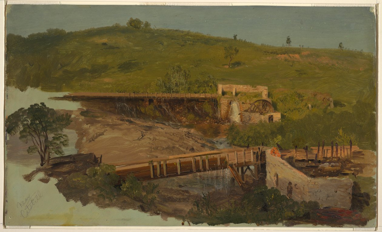 Rajz, Hegy viaduktokkal és romos malmokkal, Catskill közelében, New York, 1865 körül. alkotó: Frederic Edwin Church