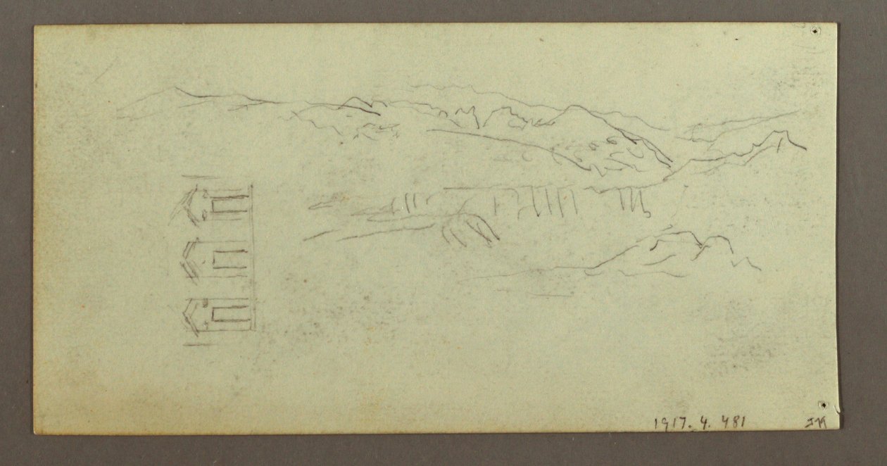 Rajz, ló, figura hátulról, fák, valószínűleg 1868 alkotó: Frederic Edwin Church