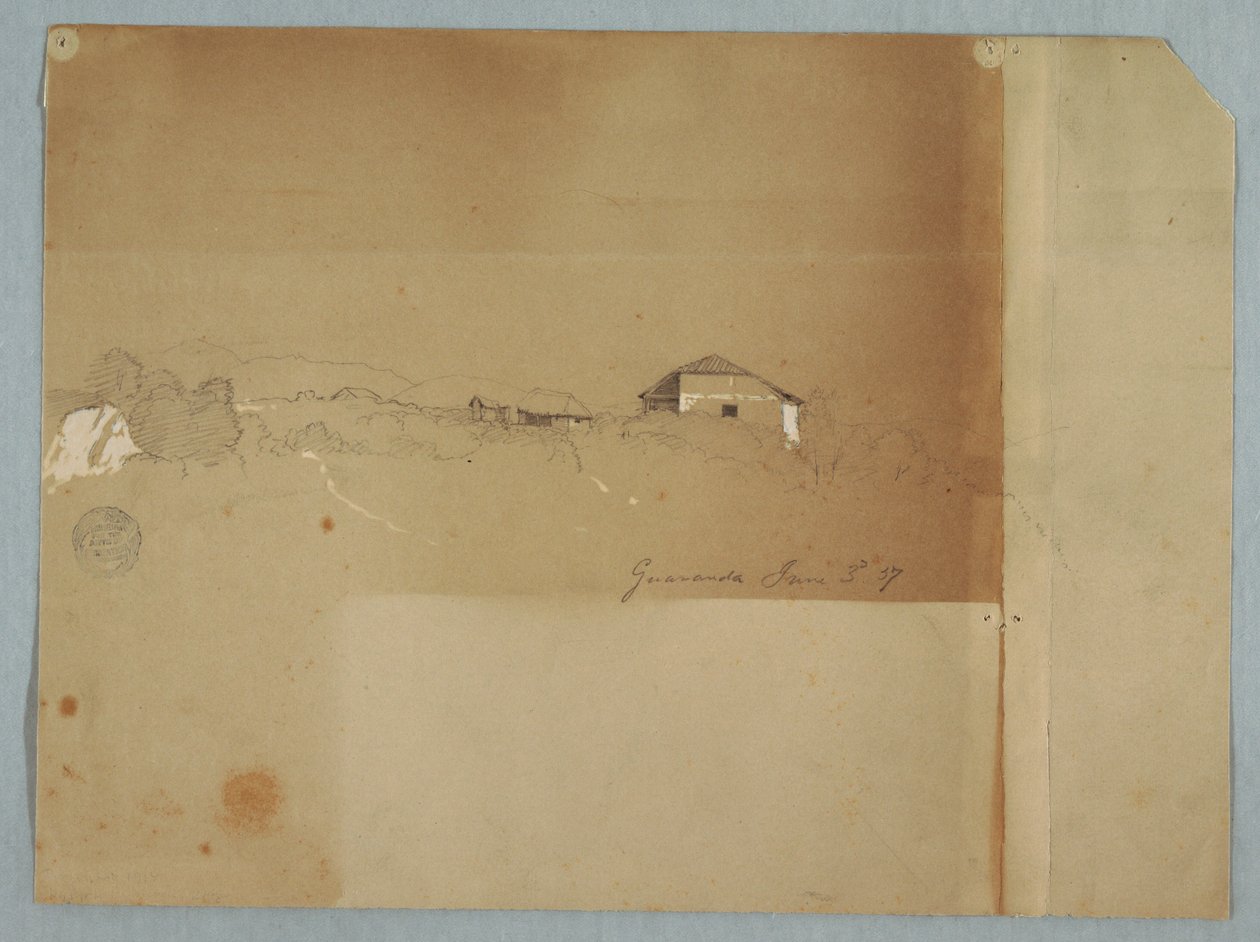 Rajz, Házak a hegyi vízesés mellett, Guaranda, Ecuador, 1857. június 3. alkotó: Frederic Edwin Church