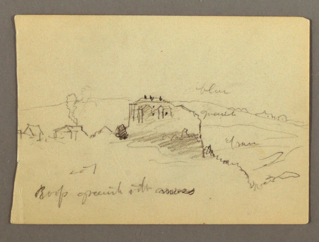 Rajz, Házak a hegytetőn, valószínűleg 1868-69 alkotó: Frederic Edwin Church