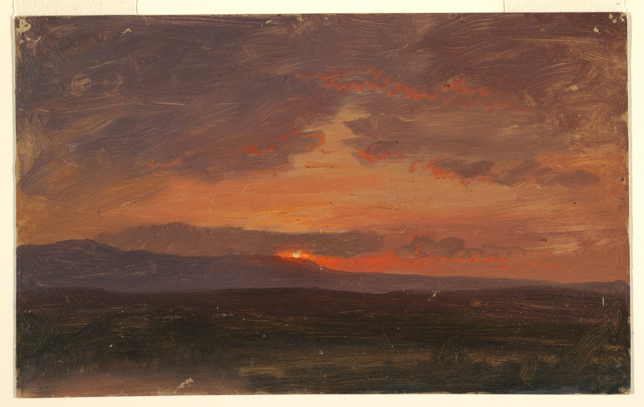 Rajz, Hudson-völgy, New York, a Catskill-hegység mögött lenyugvó nap, 1855-65 alkotó: Frederic Edwin Church