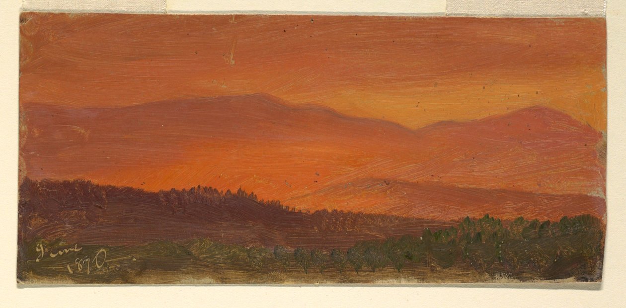 Rajz, Hudson-völgy és távoli hegyek napnyugtakor, 1870. június alkotó: Frederic Edwin Church