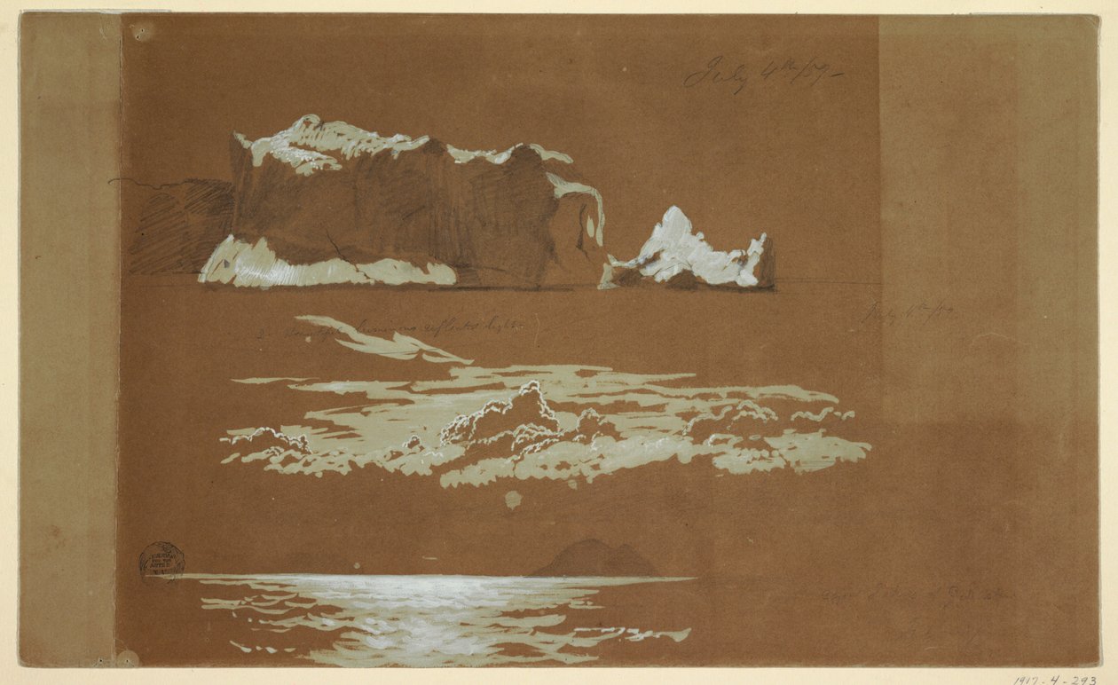 Rajz, Jéghegyek a St. John-fok és a Gull-sziget közelében, Új-Fundland, 1859. július 4. alkotó: Frederic Edwin Church