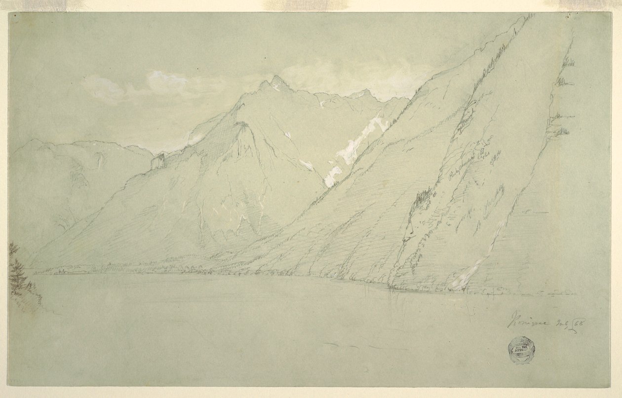 Rajz, Königssee a Falkenstein felől, 1868 júliusában alkotó: Frederic Edwin Church