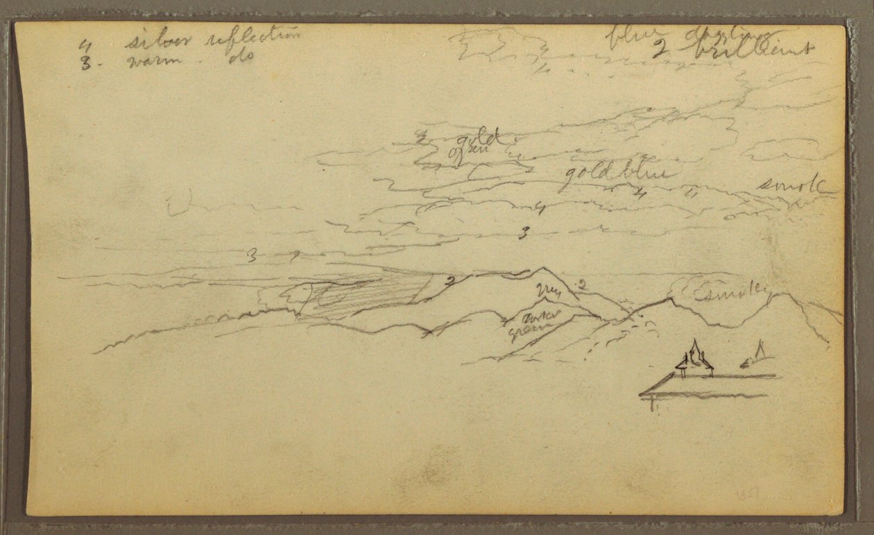 Rajz, tájkép; hátoldal: csónak, botanikai vázlatok, 1857 alkotó: Frederic Edwin Church
