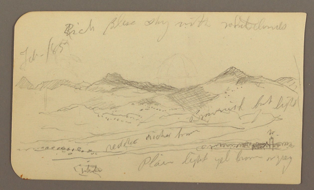 Rajz, Táj, házak; hátoldal: Fák teteje, 1885. február alkotó: Frederic Edwin Church