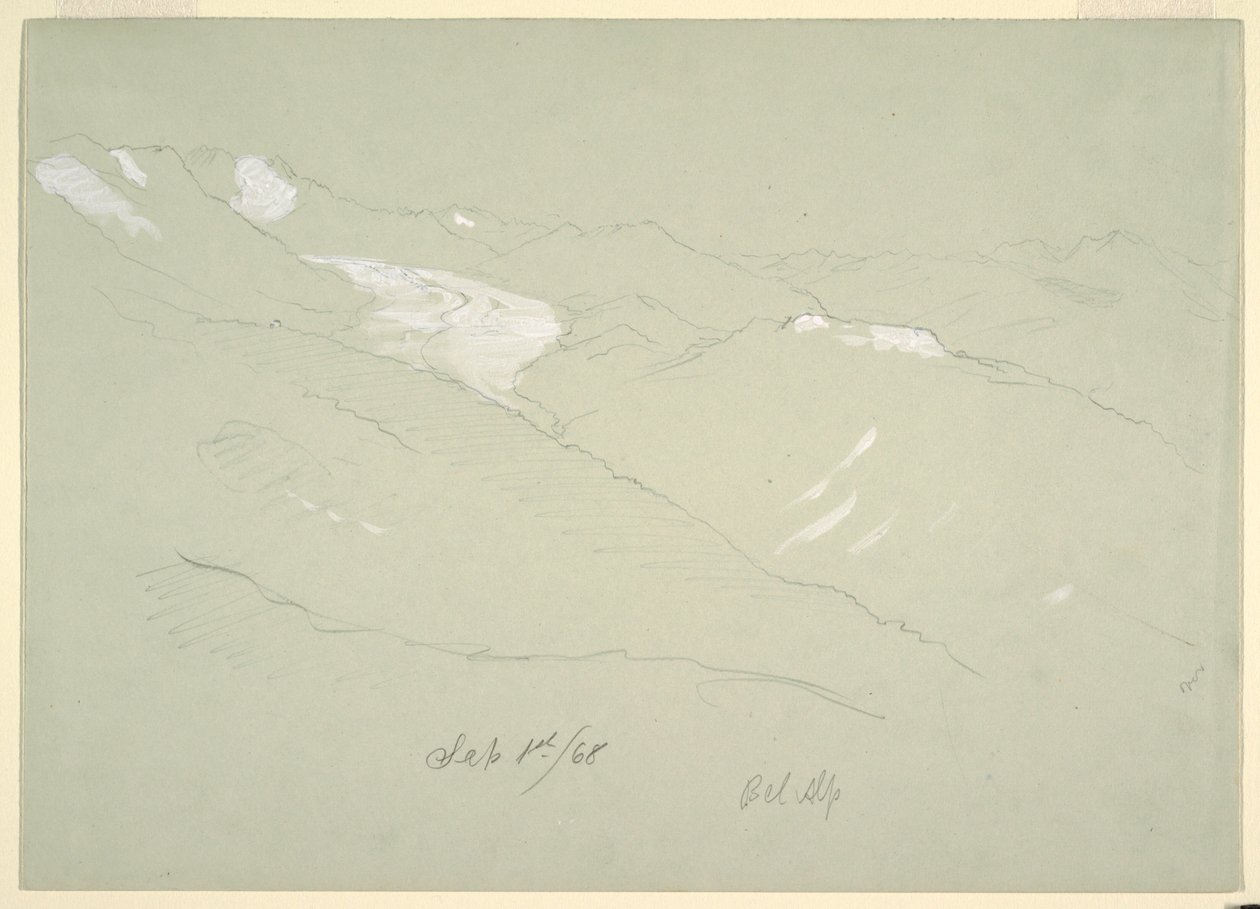 Rajz, Tájkép a Berni-Alpokban, Bel Alp közelében, Svájc, 1868 szeptembere alkotó: Frederic Edwin Church