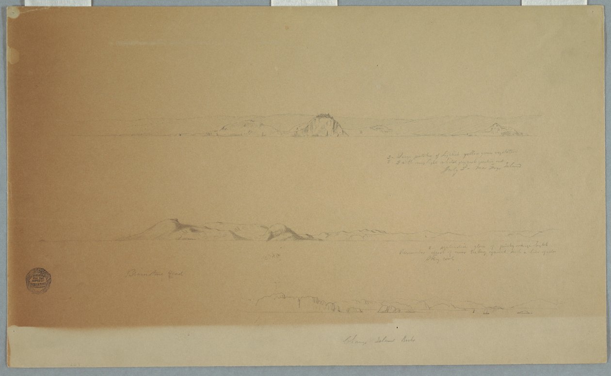 Rajz, Tájkép Fogo sziget közelében, Brimstone, Head, Change Island Rocks, 1869. július 2. alkotó: Frederic Edwin Church