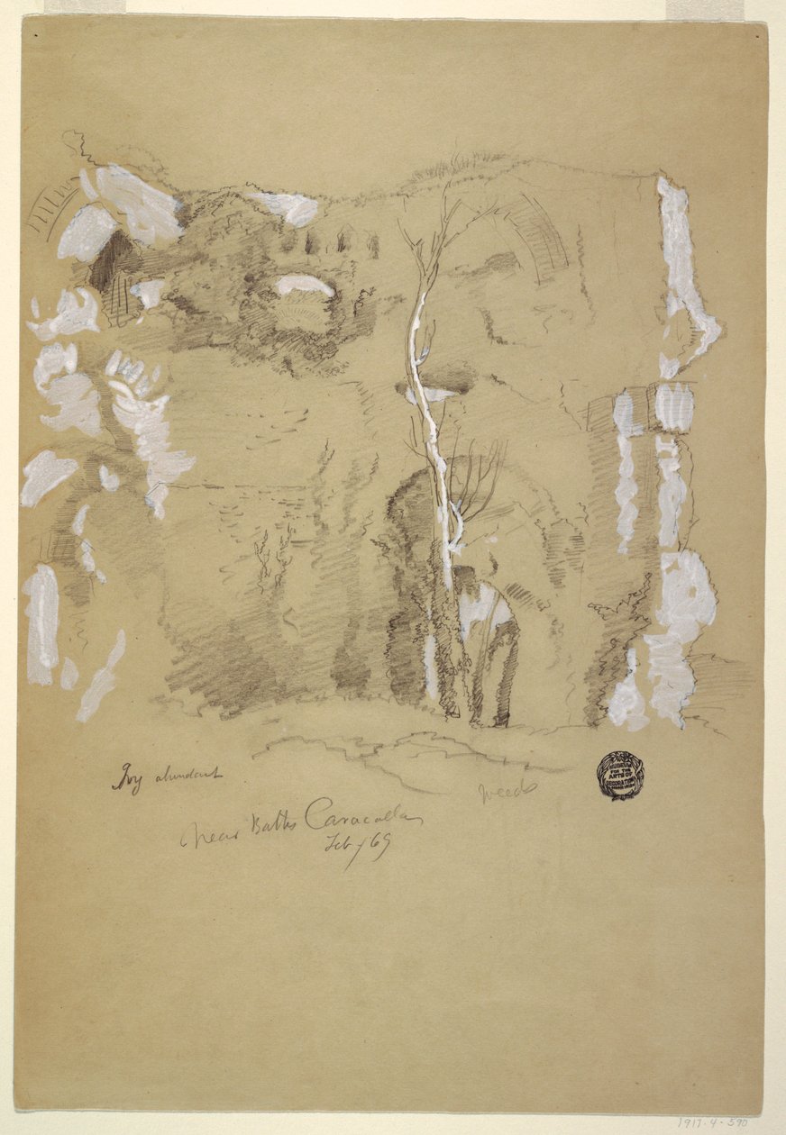 Rajz, Tájkép a Caracalla-fürdő közelében, Róma, 1869 februárja alkotó: Frederic Edwin Church