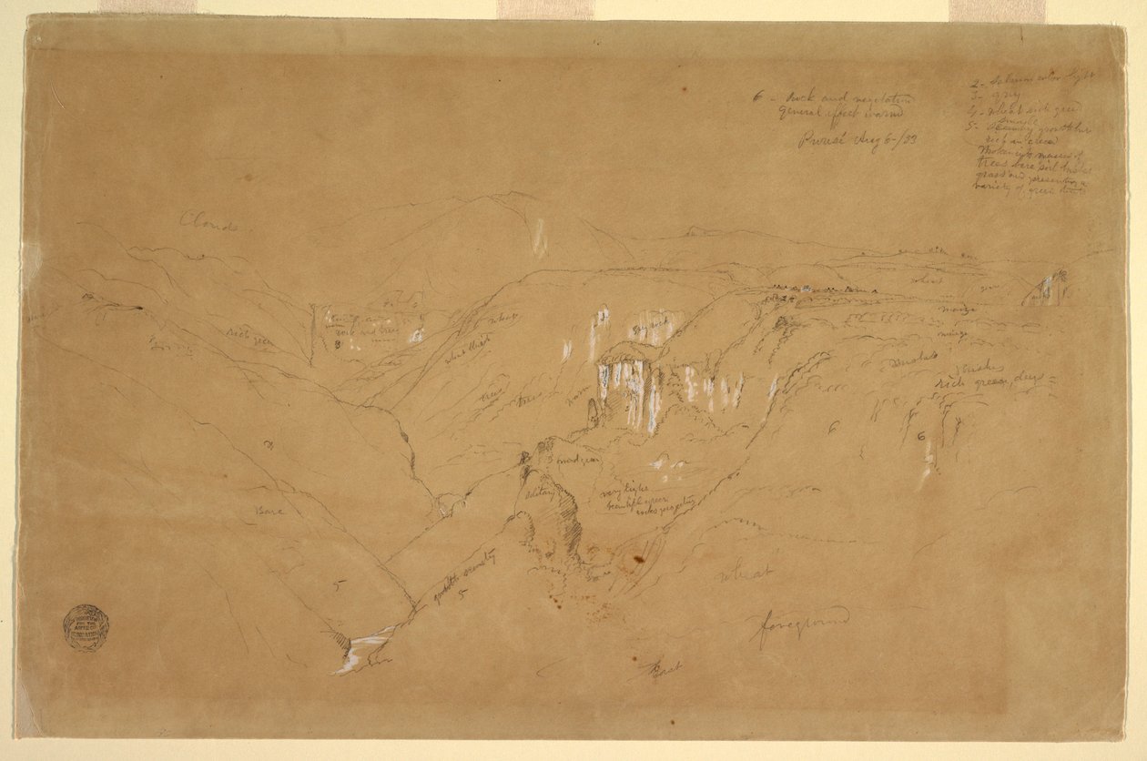 Rajz, Tájkép a Purese-heggyel, Kolumbia, 1853. augusztus 6. alkotó: Frederic Edwin Church