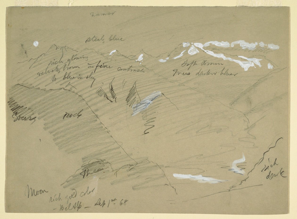 Rajz, Tájképek a Berni-Alpokban, Bel Alp közelében, Svájc, 1868 szeptembere alkotó: Frederic Edwin Church
