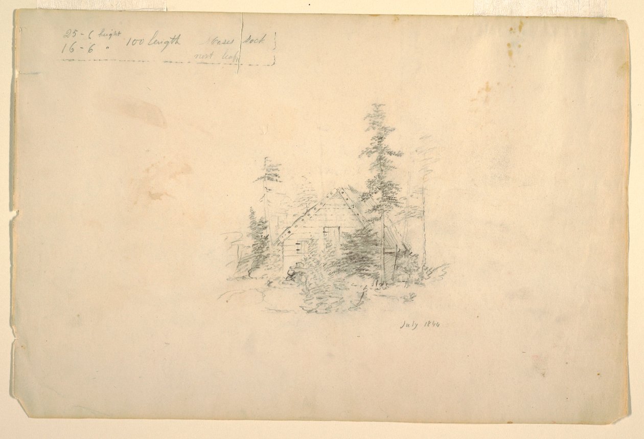 Rajz, fákkal körülvett rönkház, 1844. július alkotó: Frederic Edwin Church