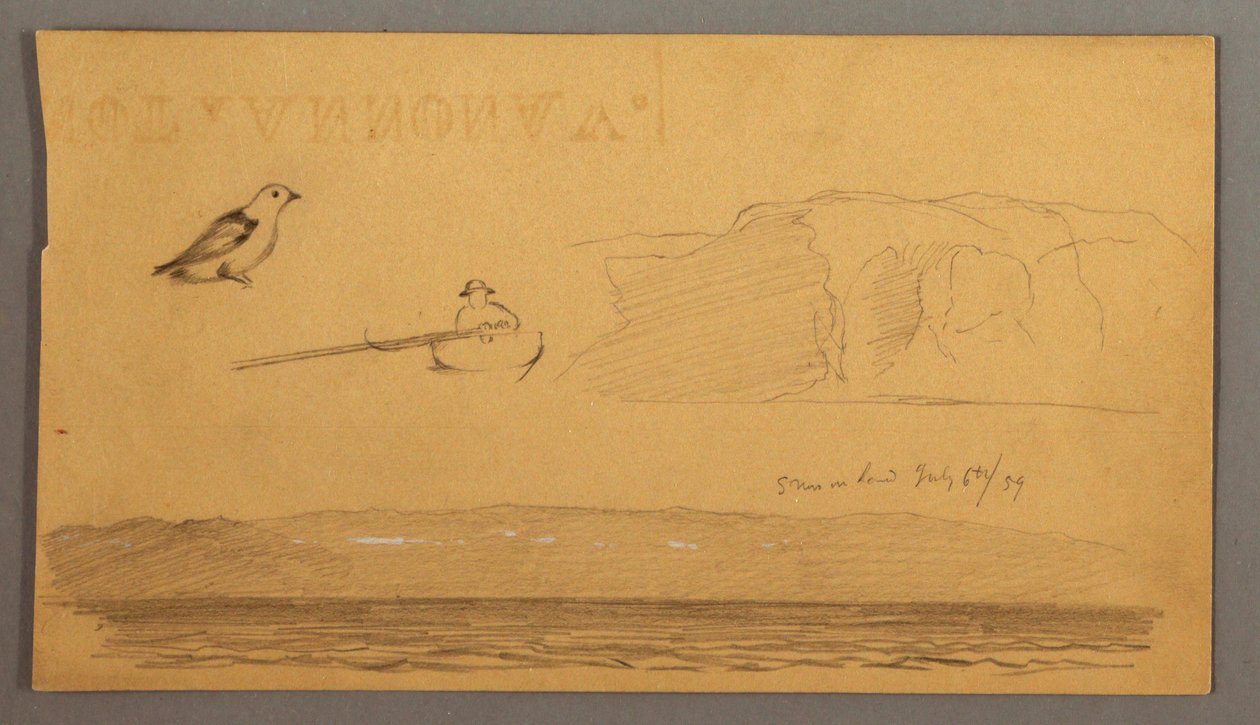 Rajz, Ember csónakban, madár, sziklák, tengerpart, 1859. július 6. alkotó: Frederic Edwin Church