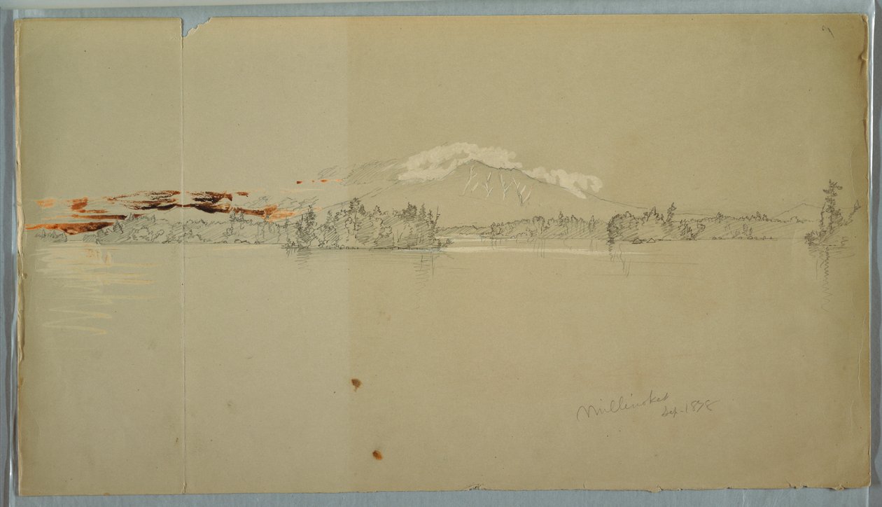 Rajz, Millinocket-tó, a Katahdin-hegyre néző kilátás, 1878. szeptember alkotó: Frederic Edwin Church