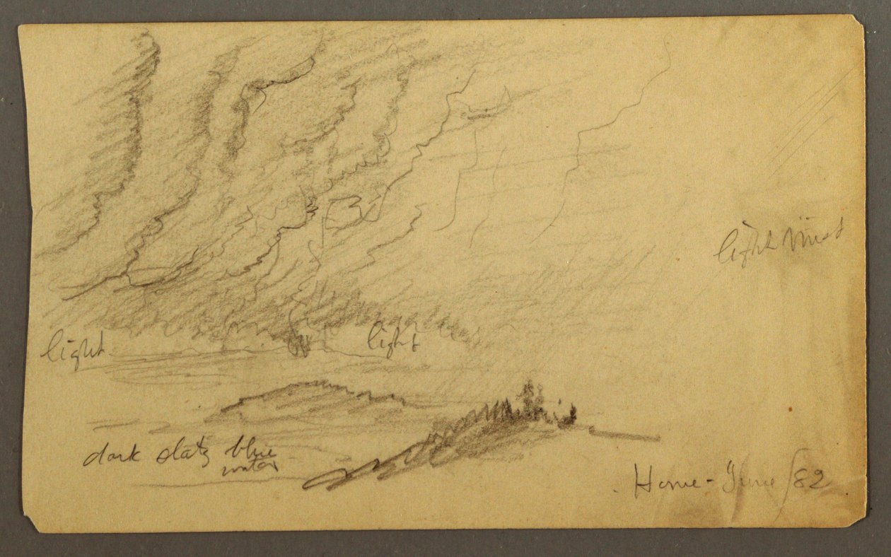 Rajz, Köd a folyó és a dombok felett, 1882. június alkotó: Frederic Edwin Church