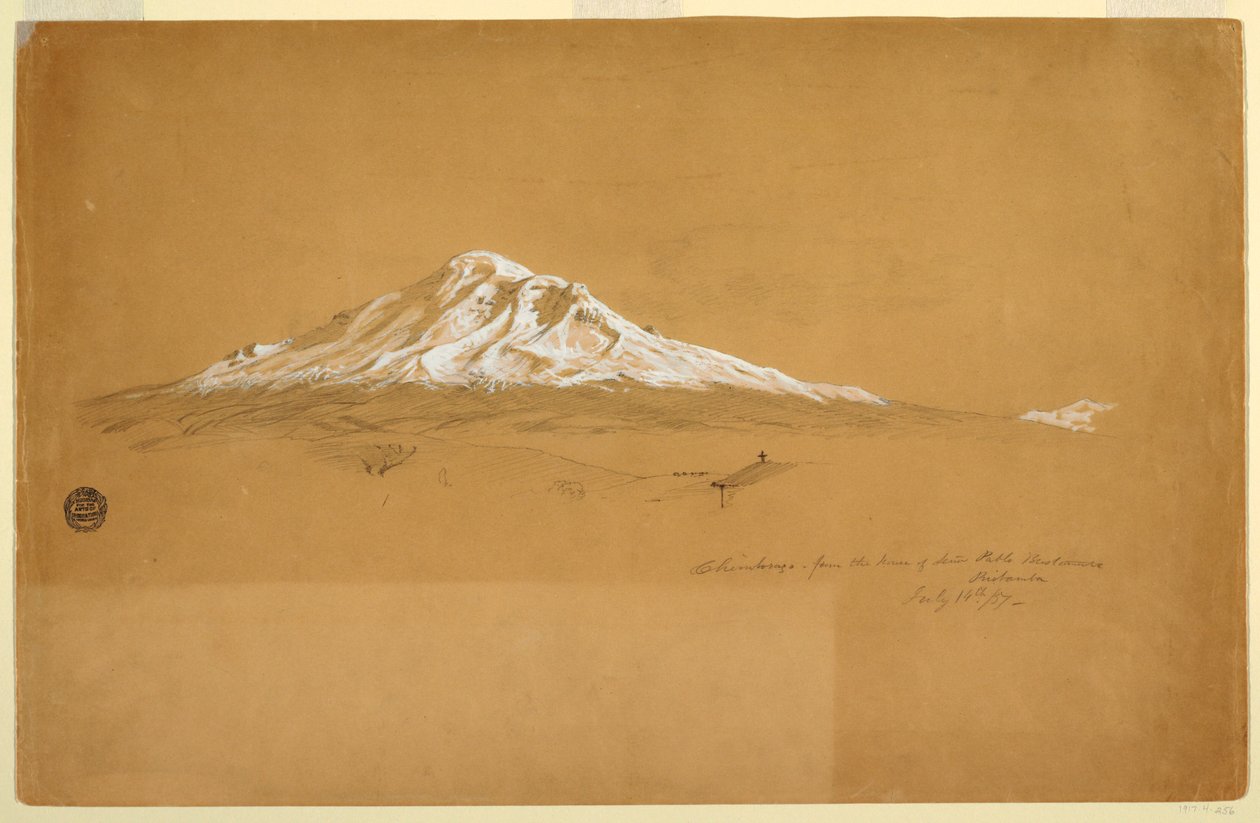 Rajz, Chimborazo hegy az idősebb Pablo Bustamante házából, Riobamba, Ecuador, 1857. július 14. alkotó: Frederic Edwin Church