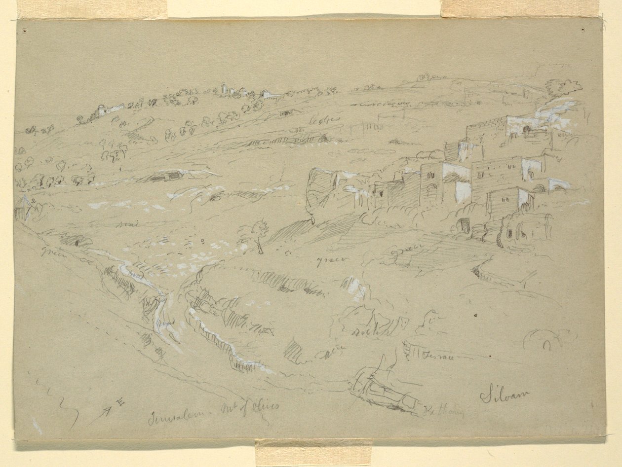 Rajz, Olajfák hegye, Betánia, Siloám és Jeruzsálem, Palesztina [Betánia és Silwan, Kelet-Jeruzsálem és Jeruzsálem, Izrael], 1868. február 7. és 10. alkotó: Frederic Edwin Church