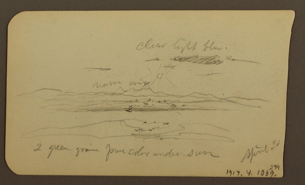 Rajz, hegyvidéki táj, alak; hátoldal: Tájkép, 1885. április 30. alkotó: Frederic Edwin Church