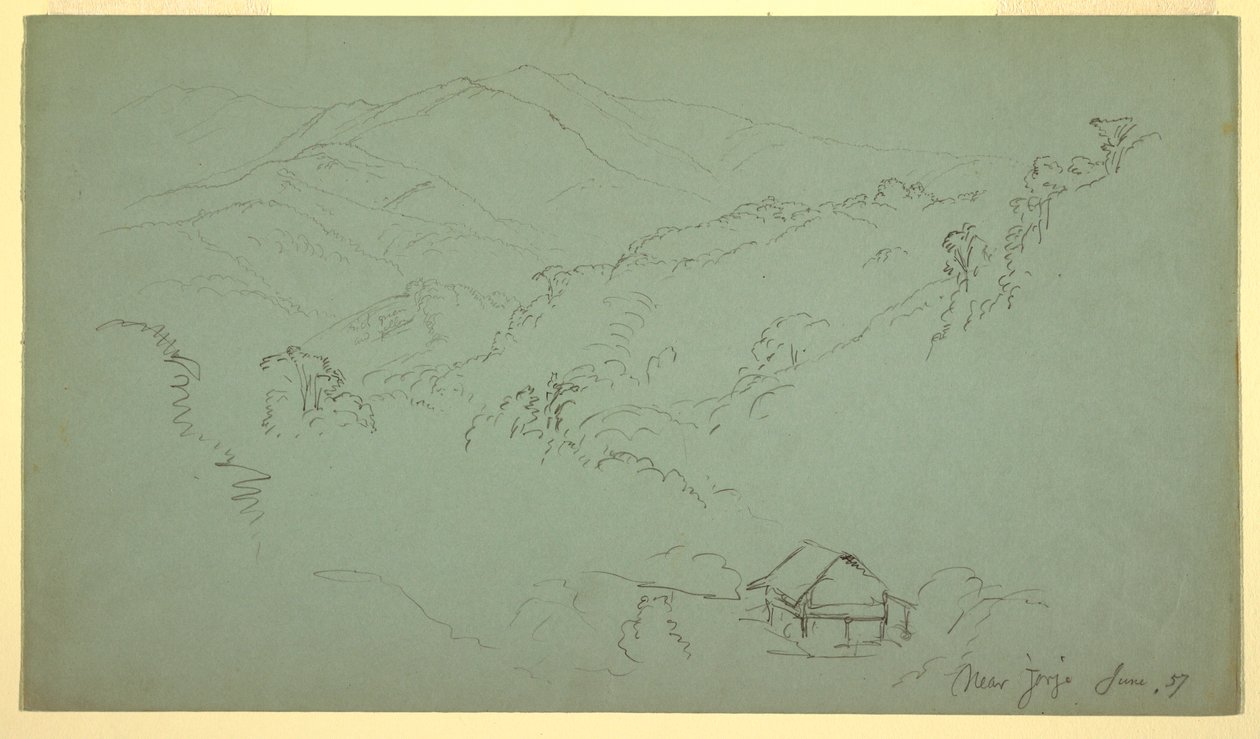 Rajz, hegyvidéki táj, ház, "Jorje közelében", Ecuador, 1857. június alkotó: Frederic Edwin Church