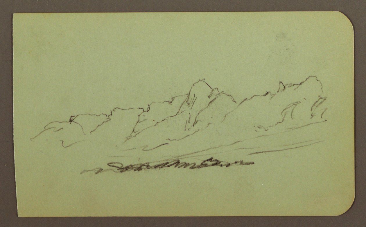 Rajz, hegyvidéki táj; hátoldalon: hegyvonulat, alak, 1883 alkotó: Frederic Edwin Church