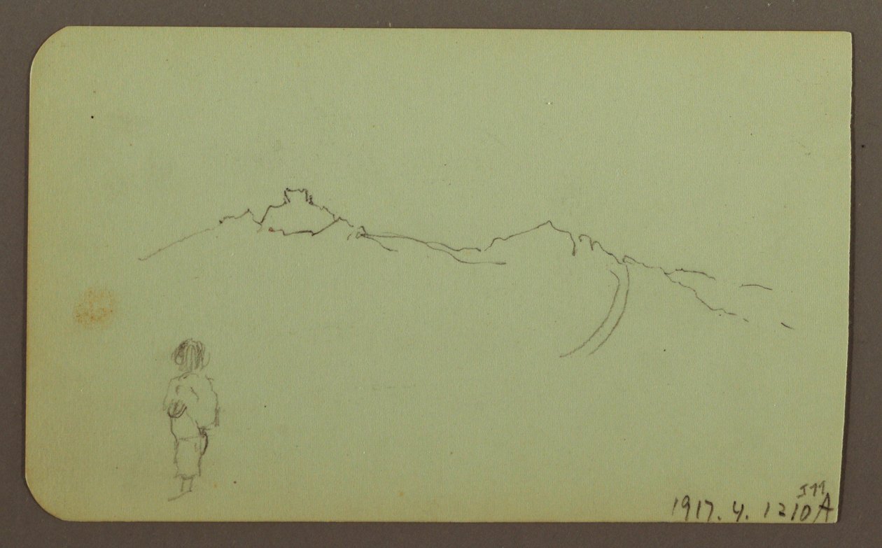 Rajz, hegyvidéki táj; hátoldalon: hegyvonulat, alak, 1883 alkotó: Frederic Edwin Church