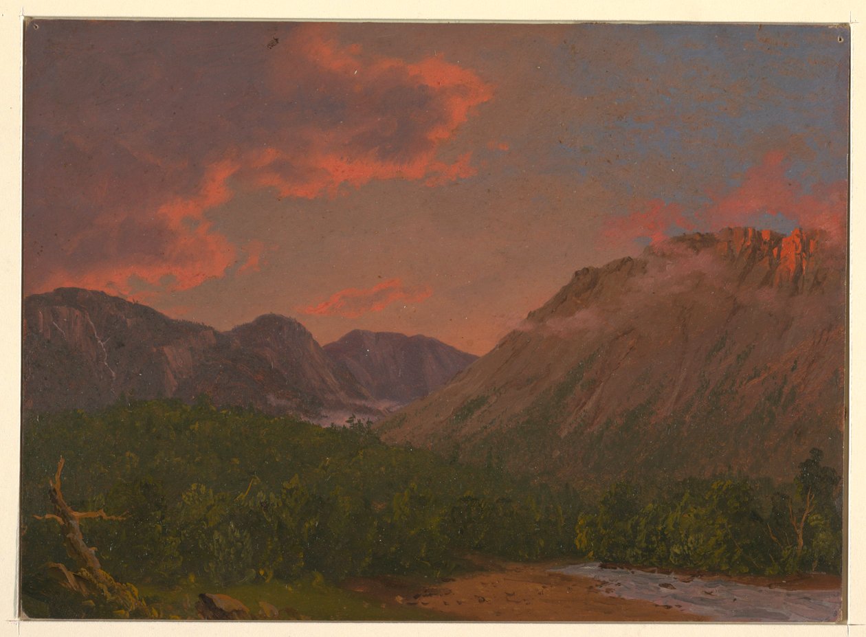 Rajz, Hegyvidéki tájkép naplementében, 1865 alkotó: Frederic Edwin Church