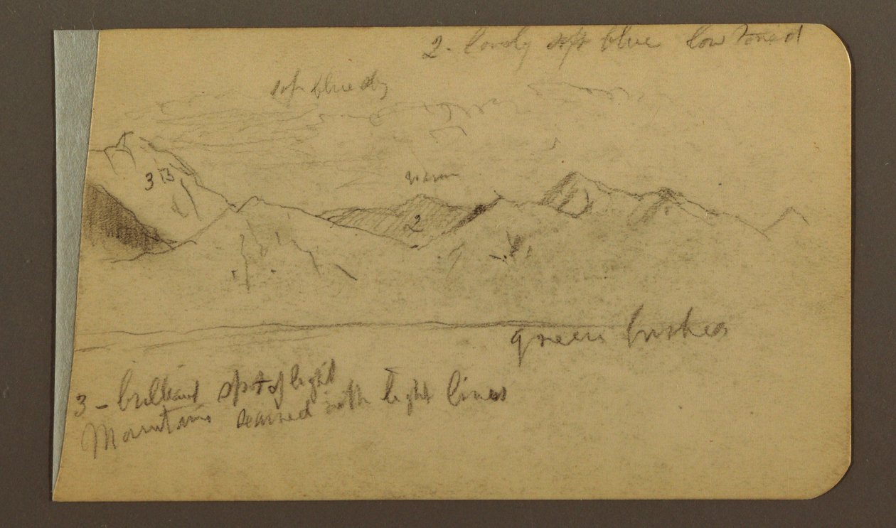 Rajz, hegyvonulat; hátoldal: Hegyek, felhős égbolt, 1889 alkotó: Frederic Edwin Church