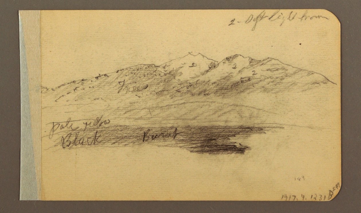 Rajz, hegyvonulat; hátoldal: Hegyek, felhős égbolt, 1889 alkotó: Frederic Edwin Church