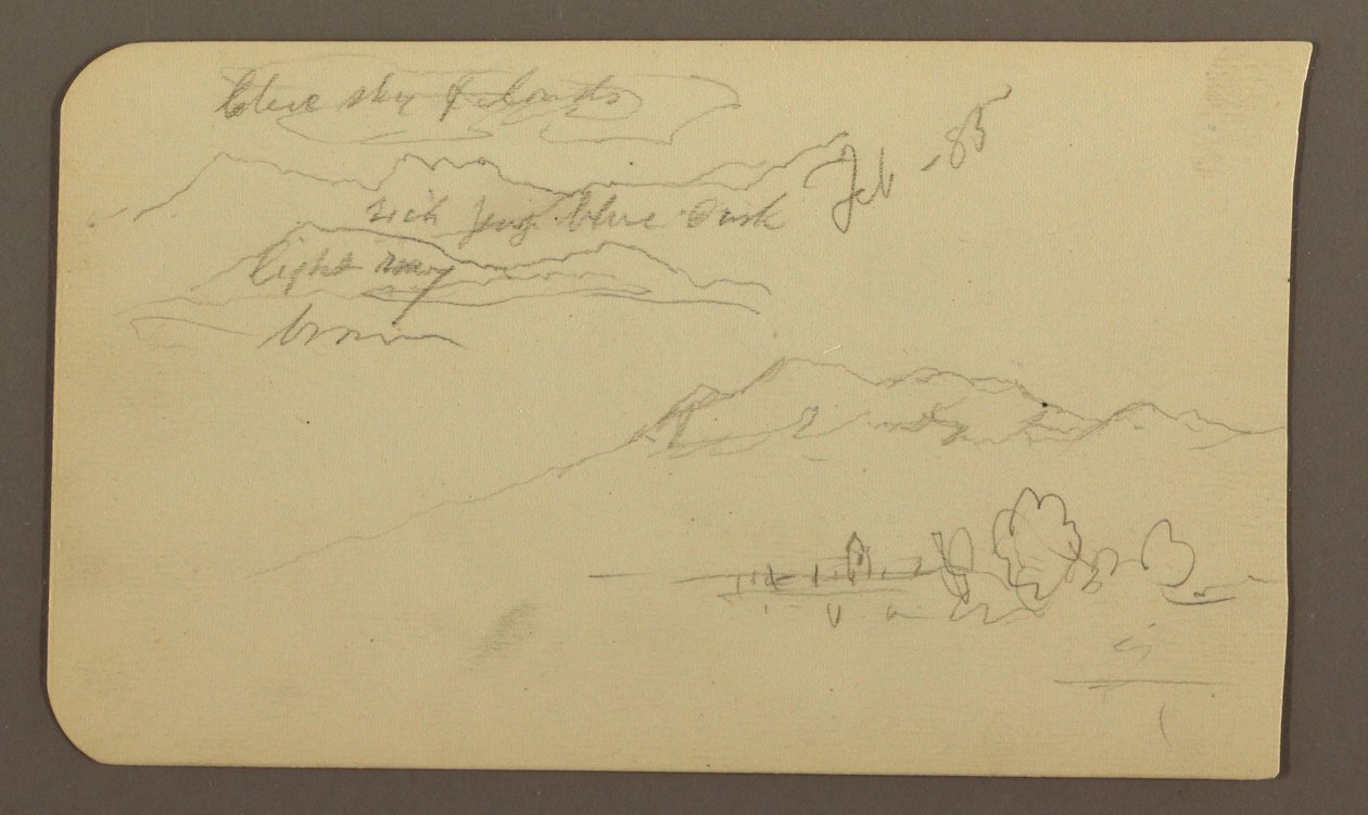 Rajz, hegyvonulatok, Cuautla, templom; hátoldalon: Guggoló ló, tájképi jegyzetek, 1885. február alkotó: Frederic Edwin Church