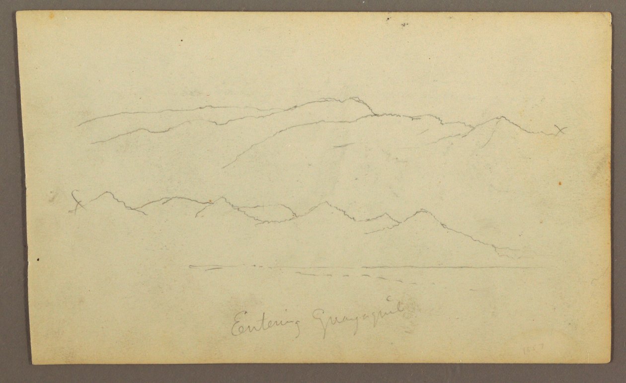 Rajz, hegyvonulatok "Guayaquil bejárata"; hátoldal: Folyópart, botanikai vázlatok, valószínűleg 1857 alkotó: Frederic Edwin Church