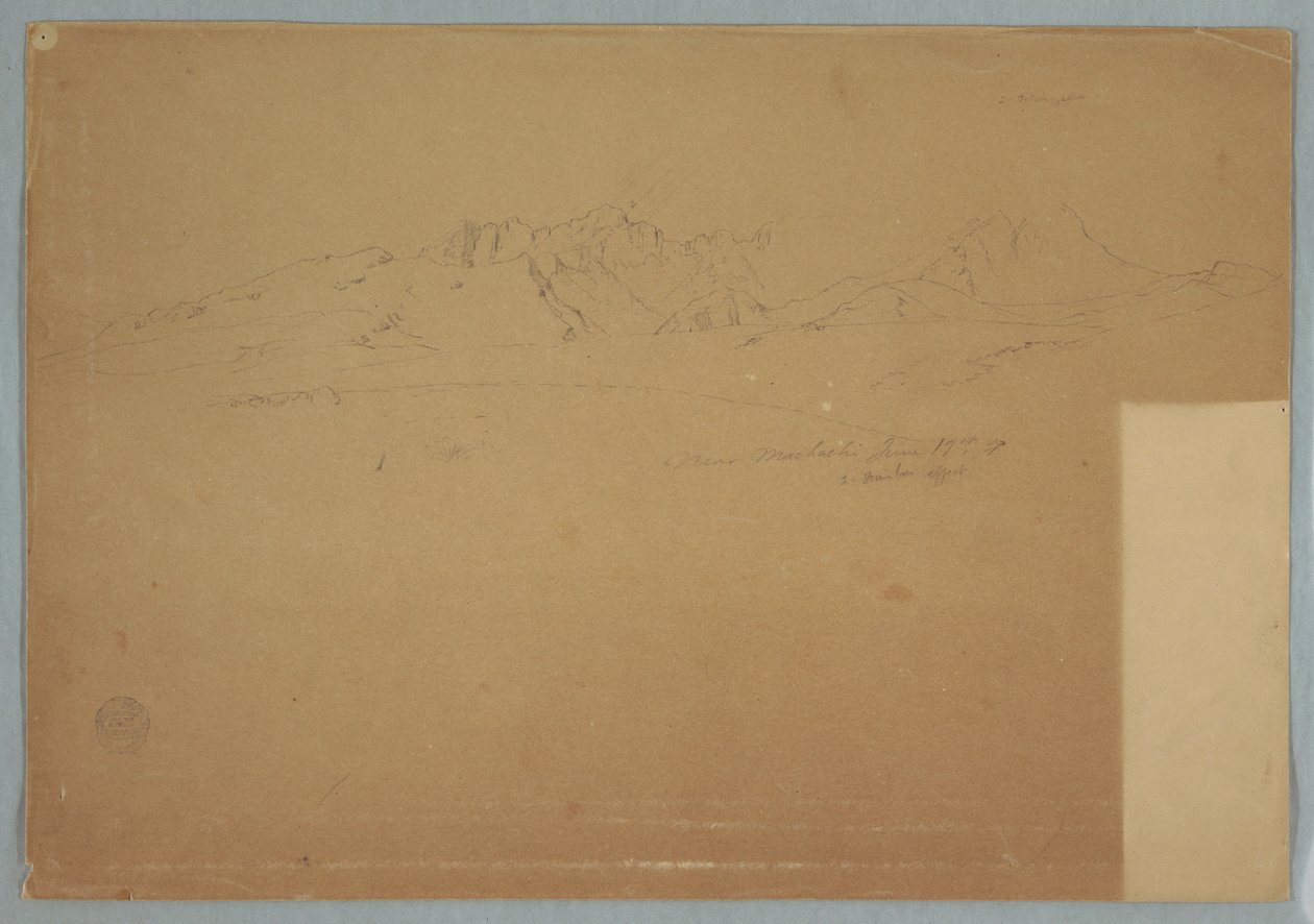 Rajz, hegyvonulat sziklás csúcsokkal, Machachi közelében, Ecuador, 1857. június 19. alkotó: Frederic Edwin Church