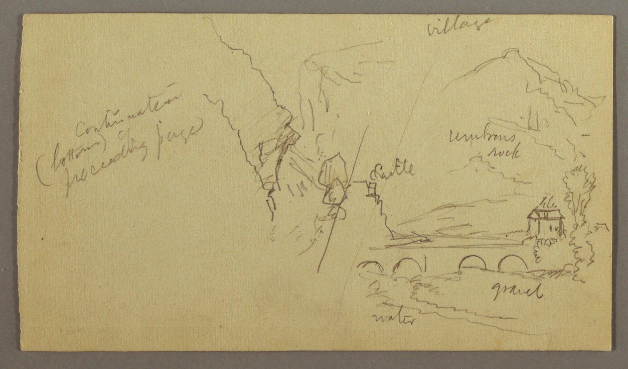 Rajz, Hegyi völgy, híd, épületek, valószínűleg 1868-69 alkotó: Frederic Edwin Church