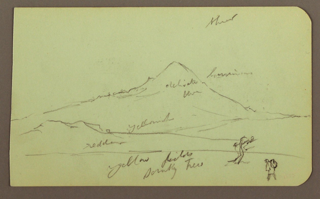Rajz, Hegy, fa, alak; hátoldal: templom, fa, 1883 alkotó: Frederic Edwin Church
