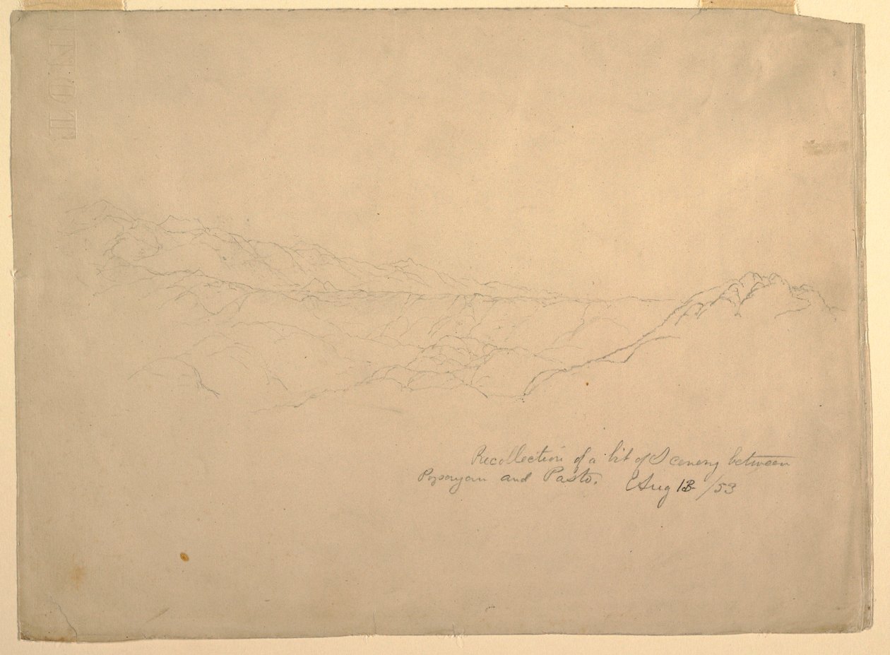 Rajz, Hegyvidéki táj Popayan és Pasto között, Kolumbia, 1853. augusztus 13. alkotó: Frederic Edwin Church