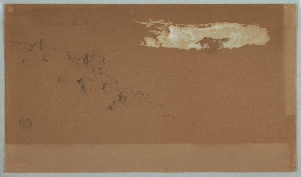 Rajz, Hegyek Mocho közelében, Ecuador, valószínűleg a Chimoborazo hegyet mutatja, felhőkkel keretezve, 1857. június 16. alkotó: Frederic Edwin Church