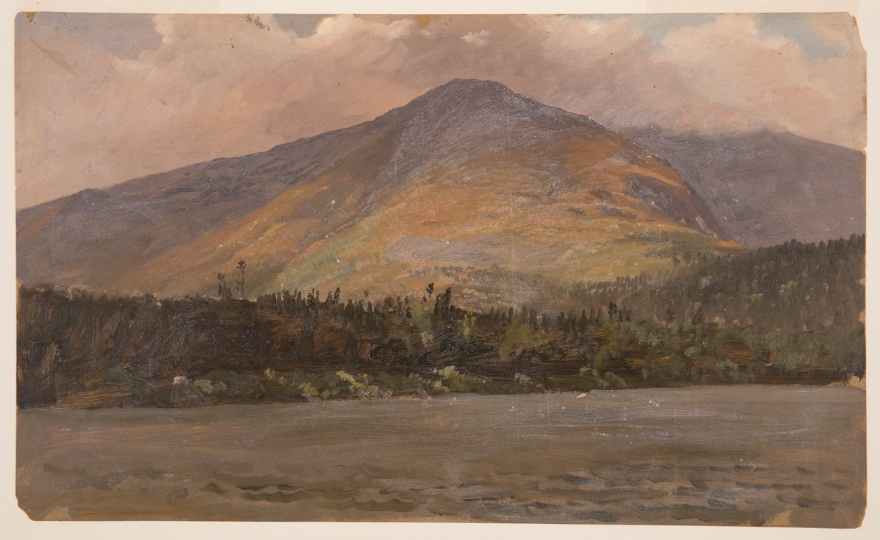 Rajz, Katadhin-hegy, Pomola és a Nagy-medence látványa a Sandy Bottom tó felől, 1877 körül. alkotó: Frederic Edwin Church