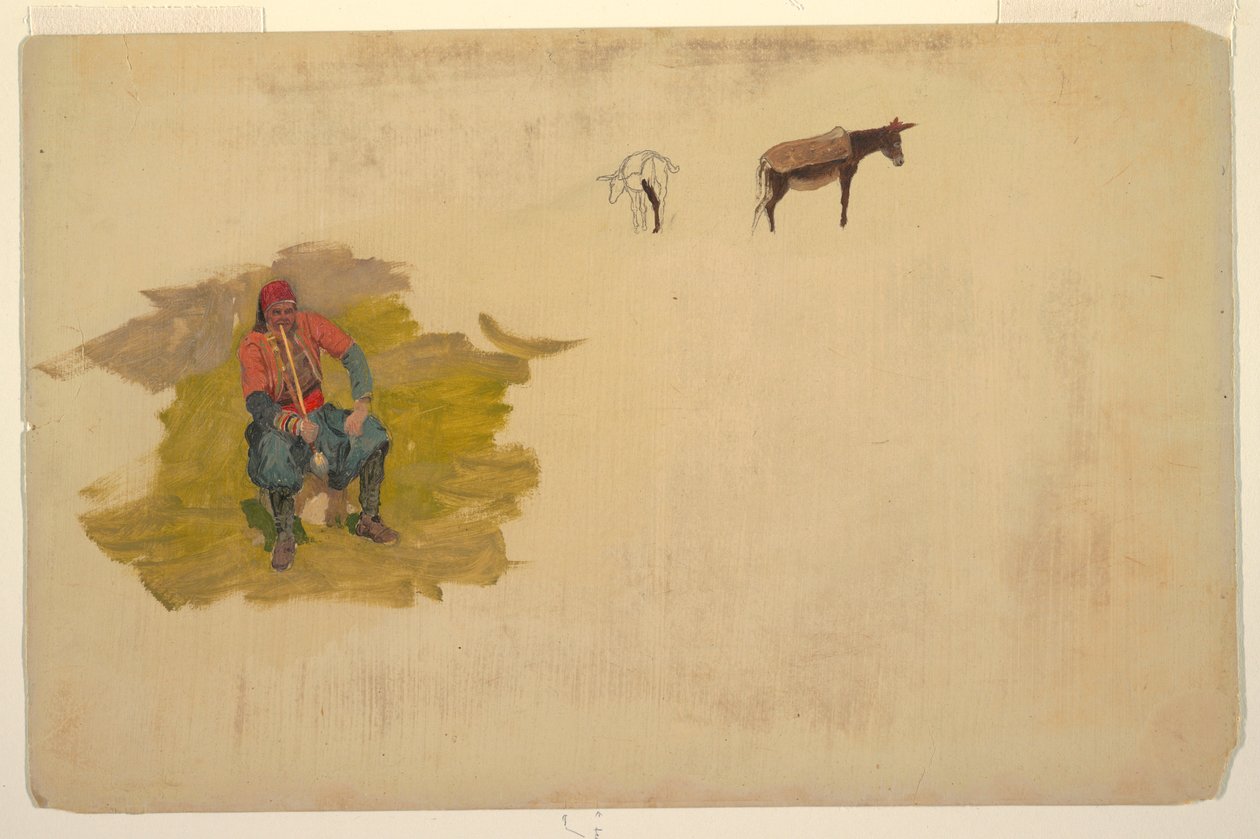 Rajz, Közel-Kelet, ember; szamár, 1868-69 alkotó: Frederic Edwin Church