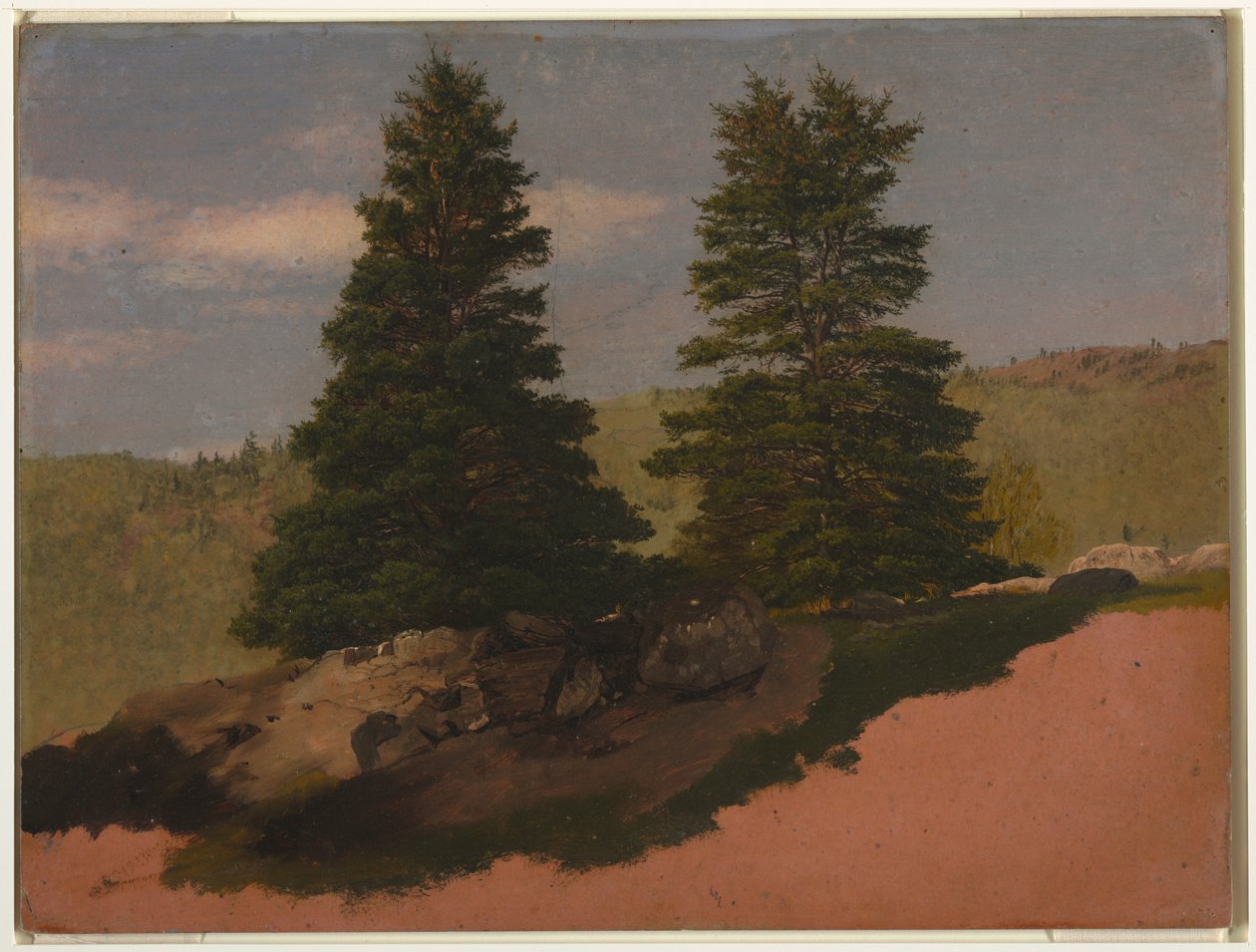 Rajz, New England tájkép (Két fenyőfa), 1850 alkotó: Frederic Edwin Church