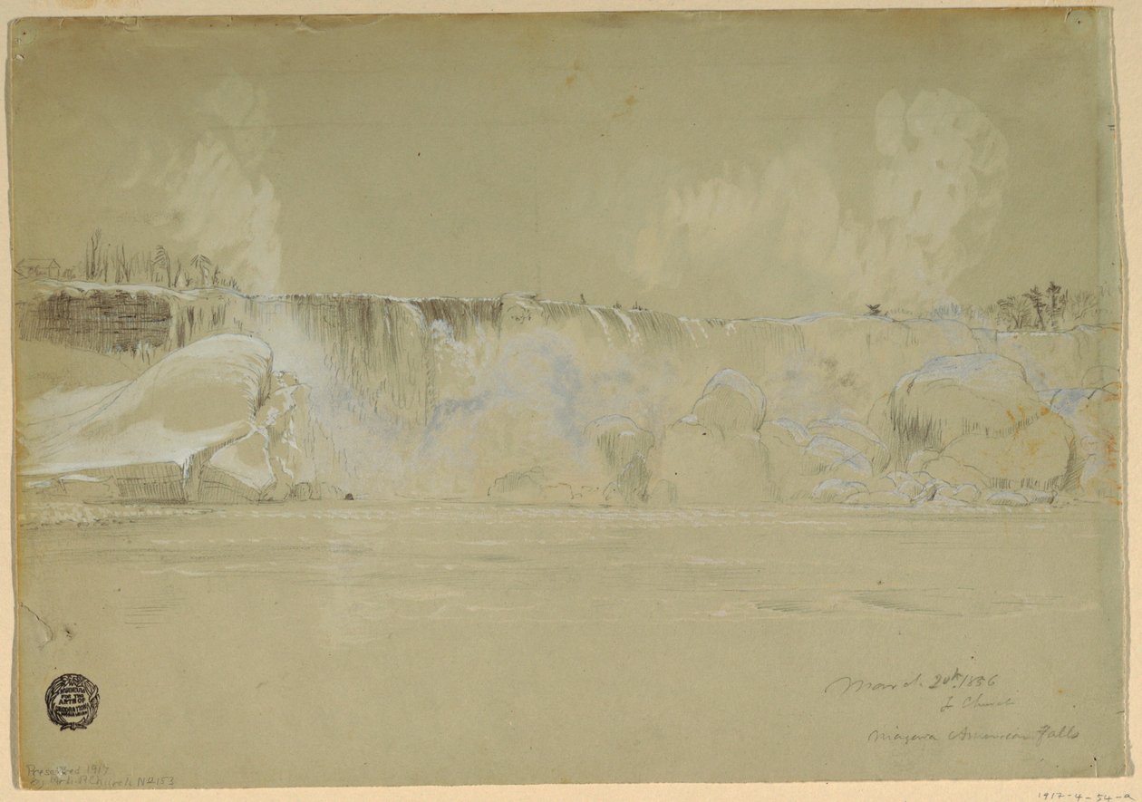Rajz, Niagara-vízesés hóban, északnyugatról, 1856. március 20. alkotó: Frederic Edwin Church