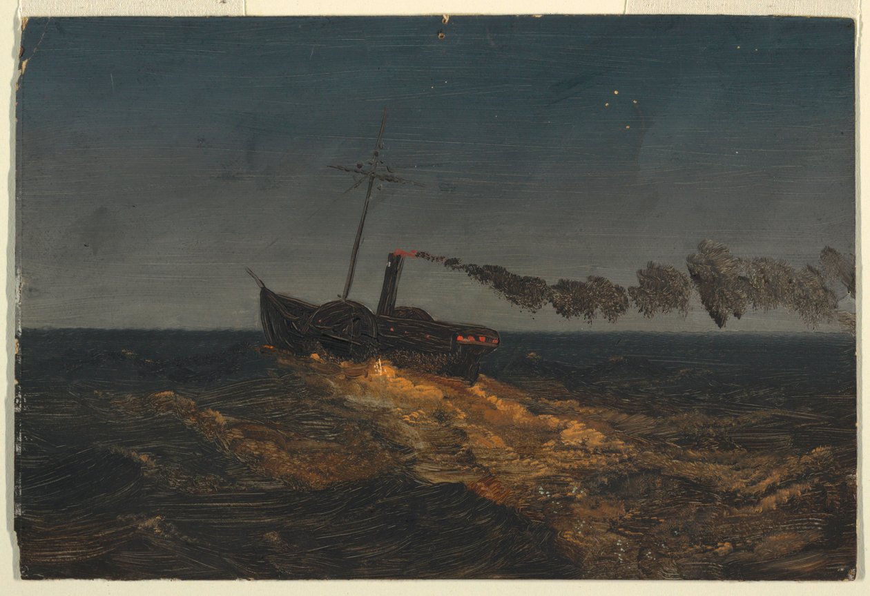 Rajz, Evezőlapátos gőzhajó alkonyatkor, 1853 körül. alkotó: Frederic Edwin Church