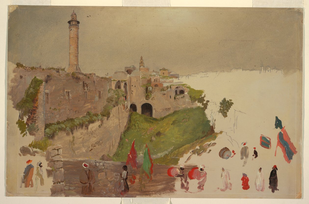 Rajz, A városba bevonuló felvonulás, Jaffa, 1868. március eleje. alkotó: Frederic Edwin Church